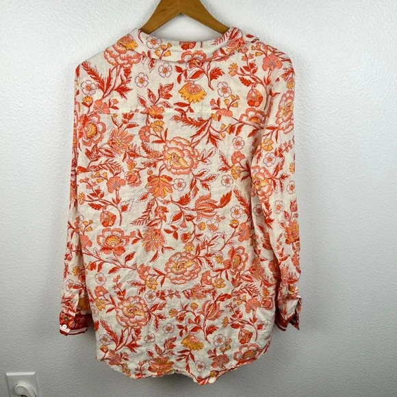 Rachel Zoe Linen Flax Button Up Top Size Large Summer Spring Lightweight Floral - Picture 3 of 6